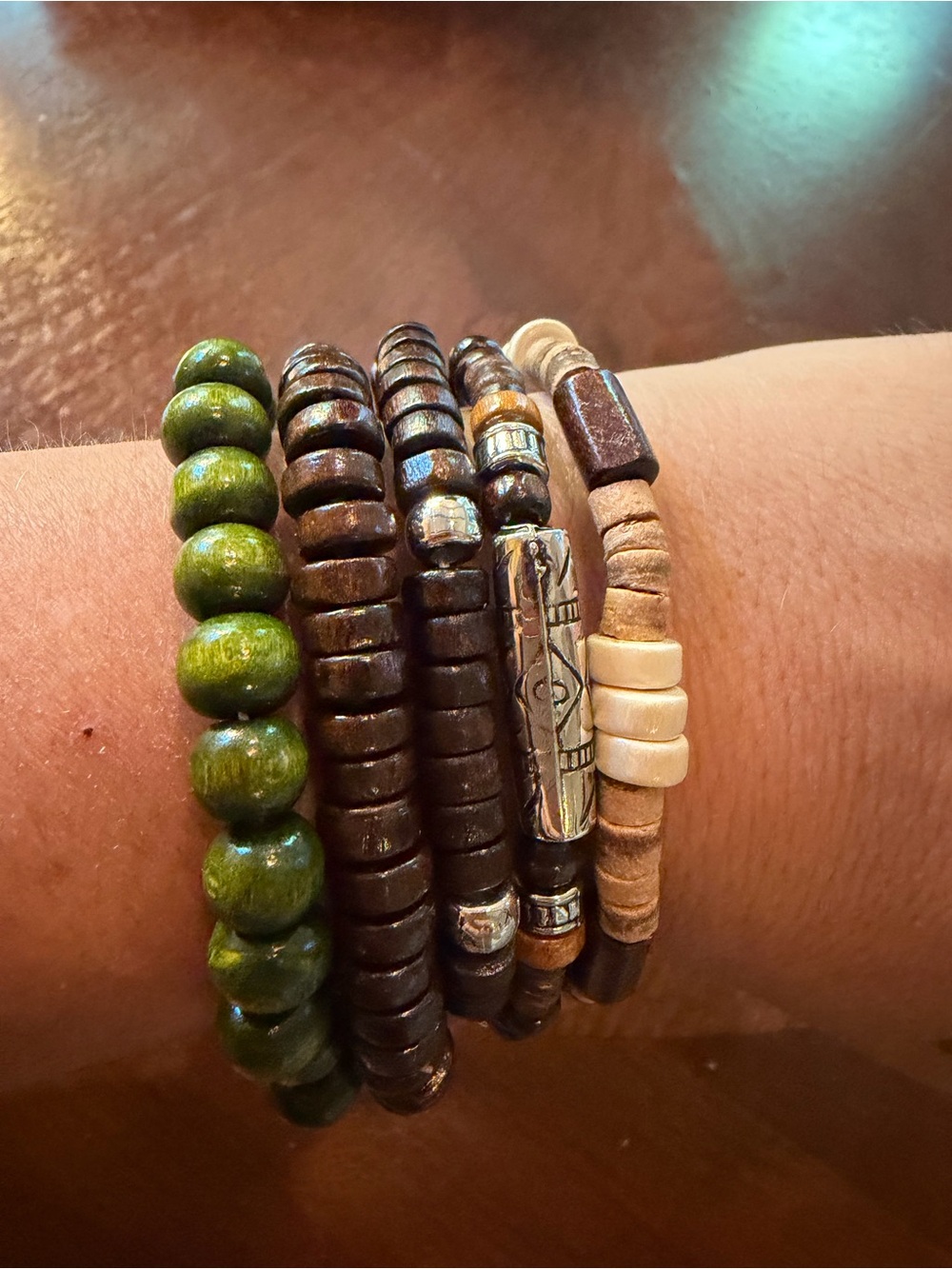 Bohemian Multi-Strand Beaded Bracelet Set - Green, Brown & Cream
